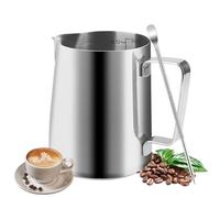 Jarra Leche Barista, 350ml Jarra para Espuma Mano Acero Inoxidable con Escala, Aguja para Latte Art Incluida, Adecuada para Baristas para la Preparación de Cappuccino, Espresso y Latte (Plateado)