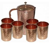 Jarra martillada de cobre puro de con tapa para beneficios de salud con 6 vasos de agua 1.5 L