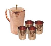 Jarro indio de cobre puro martillado con 4 vasos de vidrio para curación ayurvédica 1.5 L