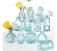 Jarrón azul, juego de 12 jarrones de cristal azul, pequeño jarrón de flores vintage para decoración, jarrones de vidrio acanalado a granel, decoración de boda, despedida de soltera, fiesta, centros de