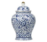 Jarrón azul y blanco, tarros de jengibre azul y blanco, tarro de cerámica con diseño de loto de 900 ml/30 oz con tapa, recipientes de té con sellado decorativo para té suelto, elegante decoración chi