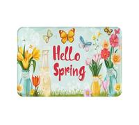 Jarrón con Mariposas. Lema Hola Primavera. Colores Vibrantes. Felpudos Lavable Felpudos Entrada Resistente Alfombrilla De Baño para Puerta Cocina Hogar 40X60Cm