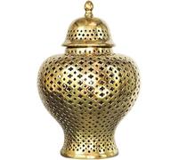 Jarrón de cerámica Blanca de 23 * 38 cm con celosía Tallada en Plata para decoración del hogar, jarrón de cerámica Estilo Chinoiserie Hueco con Tapa, jarrón de Templo (Dorado de 16 * 27,5 cm)