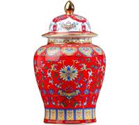 Jarrón de cerámica esmaltada en Oro BLU de 15 * 25 cm para decoración del hogar, jarrón de cerámica Floral con Tapa, Estilo Templo Chino (Rosso 15 * 25cm)