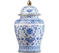 Jarrón de cerámica esmaltada en Oro de 15 * 25 cm, Color Azul, para decoración del hogar, jarrón de cerámica Floral con Tapa, Estilo Templo Chino (Azul, 15 * 25 cm).