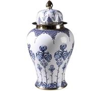 Jarrón de cerámica Estilo Chinoiserie con Borde Azul, Blanco y Dorado de 24,5 * 45 cm para decoración del hogar, jarrón de cerámica Estilo Chinoiserie con Tapa, jarrón de Templo (21,5 * 39 cm)