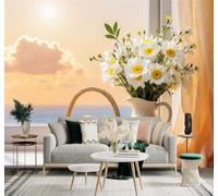 Jarrón De Cerámica Ramo Blanco Naranjas Puesta De Sol Vista Al Mar Papel Pintado 3D Murales Para la Decoración Ideal Para el Estudio Salón Dormitorio Como Fondo Para Sofá-400cm×280cm