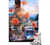 Jarrón de Cristal Rosas Naranjas Puzzle de 1000 Piezas Papel para Adultos Vista Jardín al Atardecer Juego de Puzzle 1000 Piezas Relajante Decoración 52x38cm/1000pcs