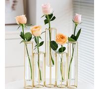 Jarrón de Flores con bisagras, jarrón de Flores de Tubo de ensayo de 5 Piezas con estanterías de Metal, Soporte de Flores de Oro Plegable, jarrones de brotes de Oro Transparentes para la decoración d