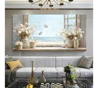 Jarrón de flores con ventana tranquila arte de pared con ramo y vista al mar con mariposas y flores blancas para decoración de sala de estar (70 x 140 cm sin marco)