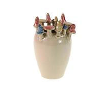Jarrón de gres blanco con setas en el borde, 20 cm de alto, jarrón decorativo con finos detalles de color en beige, azul y rojo, decoración elegante para mesa, estantería o alféizar de la ventana