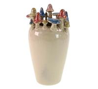 Jarrón de gres blanco con setas en el borde, 24,5 cm de alto, jarrón decorativo con finos detalles de color en beige, azul y rojo, decoración elegante para mesa, estantería o alféizar de la ventana