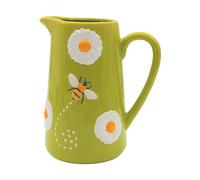 Jarrón decorativo XL, jarrón de flores, jarrón de primavera, jarrón de cerámica, jarrón de mesa, jarrón con abejas y magaritas, jarrón de cerámica con mango en forma de jarra, en verde, 20 x 12 x 19