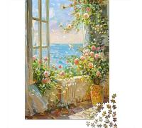 Jarrón Flores Pastel Rompecabezas de 1000 Piezas, Arte Vista Mar Soleada, Papel Reciclado, Excelente Regalo Actividad Casa 70x50cm/1000pcs