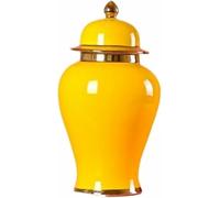 Jarrón Grande de cerámica esmaltada en Oro para decoración del hogar, jarrón de cerámica Floral con Tapa, Estilo Templo, 25 * 46 cm, para Guardar té (Amarillo, 25 * 46 cm).