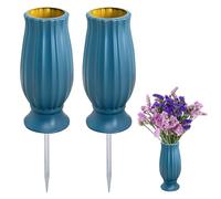 Jarrón para cementerio, 2 unidades, con estaca, jarrones para cementerio, a prueba de heladas, jarrones de plástico con clavos de metal, jarrones para cementerio para acomodar ramos de flores (azul)