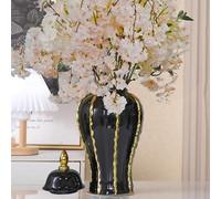 Jarrones de cerámica, tarros de Jengibre, jarrones Blancos con Tapa for decoración del hogar, jarrones de Porcelana Hechos a Mano for Sala de Estar, Entrada(Black Gold,8.6″Wx18″H)