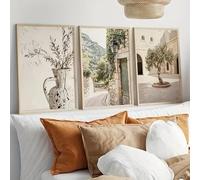 Jarrones de ramas de olivo, calle de pueblo de piedra, carteles de estilo campestre, póster de lienzo de estilo bohemio beige, decoración de pared (30x45cm/3 piezas sin marco)
