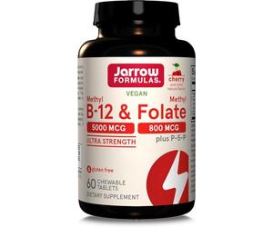 Jarrow Formulas, Methyl B12 5.000mcg/Methyl Folate 800mcg, Depósito de 10 Días, Sabor Cereza, 60 Comprimidos veganos, Probado en Laboratorio, Sin Gluten, Vegetariano, Sin Soja, Sin OGM