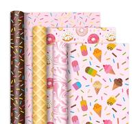JarThenaAMCS 3 rollos de papel de regalo dulce - Mini rollo - 17 pulgadas x 16.4 pies Donuts Candy Sprinkle Ice Cream Papel de regalo para vacaciones, boda, baby shower, fiesta de cumpleaños,