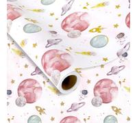 JarThenaAMCS Papel de regalo para el espacio exterior, mini rollo, 17 pulgadas x 32.8 pies, primer viaje alrededor del sol, papel rosa galaxia para baby shower, fiesta de cumpleaños, suministros de