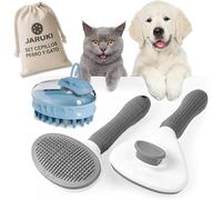 Jaruki® | Kit Aseo Mascotas 3 en 1 | Cepillo de Baño con Depósito de Champú + Cepillo para Gatos y Perros + Bolsa Almacenaje | Peine Perro y Gato Seguro para tu Mascota | Cepillo Sistema Recogepelos