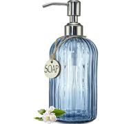 JASAI Dispensador de jabón de Vidrio Azul Simple de 18 onzas para Cocina y baño, dispensador de jabón de Cocina Recargable con Rayas Verticales, dispensador de jabón de baño para dispensar jabón de