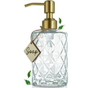 JASAI Dispensador de Jabón de Vidrio Con Diseño de Diamante - Bomba Dorada, Recargable para Cocina y Baño