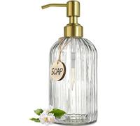 JASAI Dispensador de jabón de vidrio de 18 onzas con bomba dorada para cocina, dispensador de jabón líquido recargable con rayas verticales, dispensador de jabón transparente para baño para jabón de