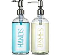 JASAI Paquete de 2 dispensadores de jabón de Vidrio de 18 onzas con Bomba de Acero Inoxidable 304 Inoxidable, dispensador de jabón de Cocina con Etiqueta de Manos y Platos, dispensador de jabón