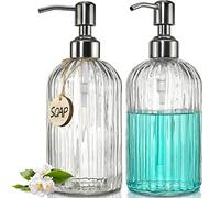 JASAI Paquete de 2 dispensadores de jabón de Vidrio de 18 onzas con Bomba de Acero Inoxidable a Prueba de óxido, dispensador de jabón de Manos Recargable con Rayas Verticales, dispensador de jabón de