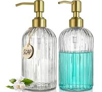 JASAI Paquete de 2 dispensadores de jabón de Vidrio Estriado de 18 onzas con Bomba Dorada a Prueba de óxido, dispensador de jabón de Cocina Recargable con Rayas Verticales, dispensador de jabón de