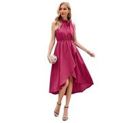 JASAMBAC Vestido alto bajo para mujer para invitados a la boda 2023, cintura elástica, volantes, dividido, fluido, cóctel, rojo, rosa, XL