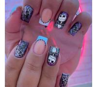 Jascatin 24 uñas acrílicas cuadradas medianas para Halloween, diseño de fantasma, color morado, para mujer
