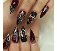 Jascatin 24 uñas postizas de Halloween con diseño de almendra y diamantes de imitación, color rojo sangre, degradado, uñas postizas a presión para mujer