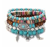 Jascatin 5 pulseras elásticas de madera turquesa con cuentas bohemias naturales apilables para mujeres y hombres, talla única, Metal, No es una piedra preciosa