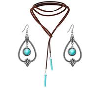 Jascatin Bohemian Turquesa Terciopelo Choker Collar Pendientes Conjunto Largo Colgante Collar Suede Collar Suéter Cadena para las Mujeres, Talla única, Metal, No es una piedra preciosa