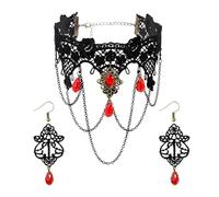 Jascatin Halloween Black Lace Choker Collar Collar Collar Cadena Red Crystal Colgante Collar Cadena para Mujeres, Talla única, Metal, No es una piedra preciosa