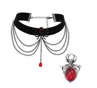 Jascatin Halloween Spider Choker Collar Anillos Conjunto Cristal Rojo Colgante Negro Terciopelo Collar Collar Cadena para Mujeres, Talla única, Metal, No es una piedra preciosa