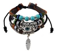 Jascatin Pulsera de cuero trenzado con diseño de búho, notas musicales, plumas y cuentas, pulseras étnicas tribales elásticas para hombres y mujeres, talla única, Metal, No es una piedra preciosa