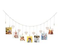 Jasfyee Expositor de fotos para colgar en la pared, decoración de pared con 9 clips de madera, 138 cm en forma de corazón, decoración de pared para colgar postales, dormitorio, baño, decoración de