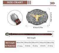 JASGOOD Cinturón de piel occidental para hombre y mujer, con grabado de flores, cinturón vaquero, hebilla de toro, cinturón de cintura para vaqueros y pantalones, A-marrón., M: Taillenumfang 88,9