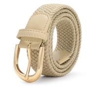 JasGood Cinturón elástico de lona trenzada Cinturón informal elástico para hombres y mujeres, Caqui plano+hebilla dorada, 130cm: Für Größe 98cm-112cm