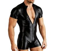 Jaskdconsy Pantalones cortos de piel para hombre, sin mangas, mono de charol, con cremallera, sexy, ajustado, de una pieza, aspecto mojado, traje de cuerpo completo, de látex, aspecto de piel, Negro-1