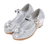 Jasmeko Zapatos Niña Tacon Disfraz Princesa Zapatillas Lentejuelas Baile para Vestir Fiesta Boda Comunion Xmas (Silver,30)