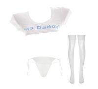 JasmyGirls Conjunto de lencería Japonesa Yes Daddy para Mujer, ombliguera y Bragas con Medias, Blanco, XS/M