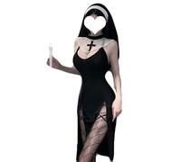 JasmyGirls Disfraz de monja sexy para cosplay, lencería de Halloween, anime, disfraz de criada, gótico, devil, rol, travieso, súccubus, vestido alto
