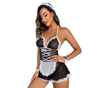 JasmyGirls Disfraz de sirvienta para mujer, disfraz de sirvienta francesa para Halloween, vestido de malla transparente, anime, juego de rol, cachonda