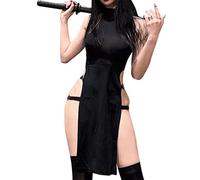 JasmyGirls Lencería sexy de diablo para cosplay, vestido babydoll con abertura alta, disfraz gótico de anime ninja para juegos de rol, vestido sin mangas de cintura alta