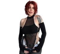 JasmyGirls Traje de manga larga para mujer, cuello alto falso, malla transparente, ropa de calle Y2K, Negro, XS-S